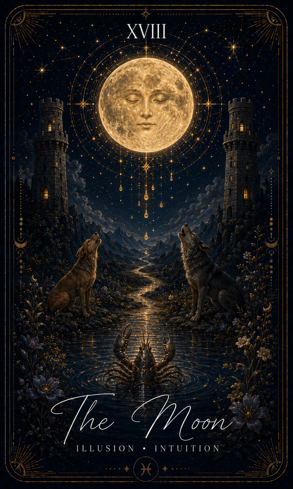 The Moon tarot card from the Zero Degree Alchemy deck